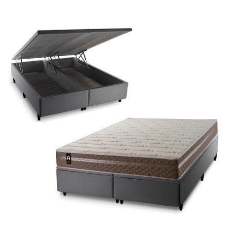 Conjunto Box Baú Super King Georgia Cinza 193x203x67 c/ Molas Ensacadas