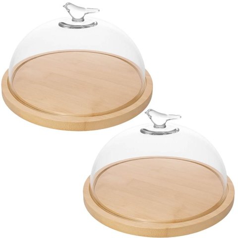 Kit 2 Queijeiras 20cm Vidro Base Bambu Porta Frios Bird Wolf