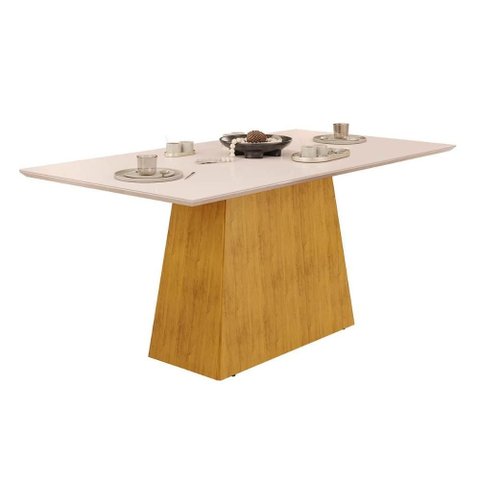 Mesa P/ Cozinha Dulce C/ Tampo Madeirado Vidro Reto 180x90cm Cedro/off White - Dj Móveis