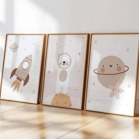 Kit 3 Quadros Decorativos Infantil - Astronauta Boho NO2 - 30x40 - Moldura Madeira