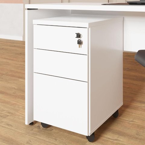 Gaveteiro Escritório 3 Gavetas C/ Chave e Rodízios Móveis F5 Cor:branco