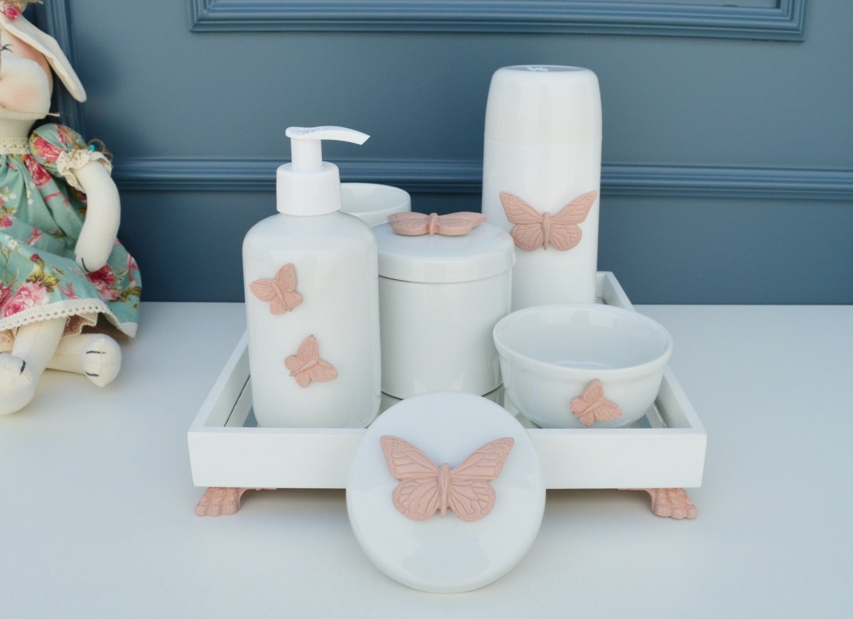 Kit Higiene Porcelana Bebê Borboletas Moderno Bancada Rose