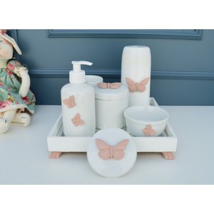 Kit Higiene Porcelana Bebê Borboletas Moderno Bancada Rose