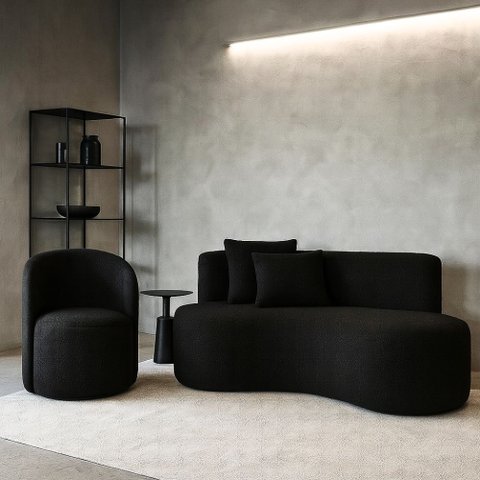 Conjunto 01 Poltrona + Sofá Curvo Orgânico Nature Gaia Boucle Preto - Montanaris Decor