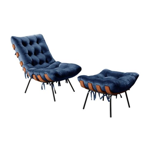 Poltrona Costela com Puff Cor:Veludo Azul 210