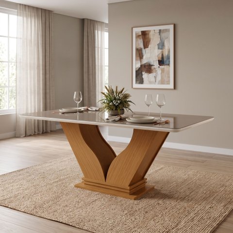 Mesa para Sala de Jantar Retangular Tampo com Vidro Safira Marrom/Castanho Cinamomo/Off White