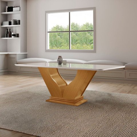 Mesa para Sala de Jantar Retangular Tampo com Vidro Safira Marrom/Castanho Cinamomo/Off White
