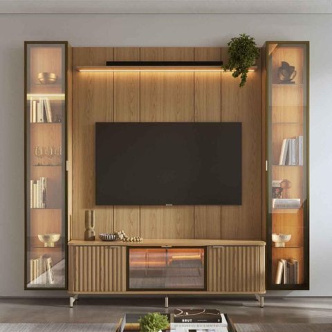 Estante para TV até 75 Polegadas com 2 Cristaleiras Vidro Reflecta 100% MDF com LED Neon Float