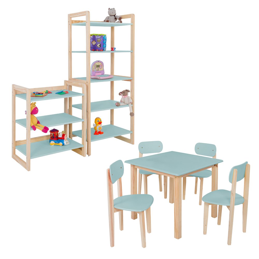 Conjunto Colorê Estante 75cm + Estante 150cm + Mesa Infantil com 4 Cadeiras - Verde - 2