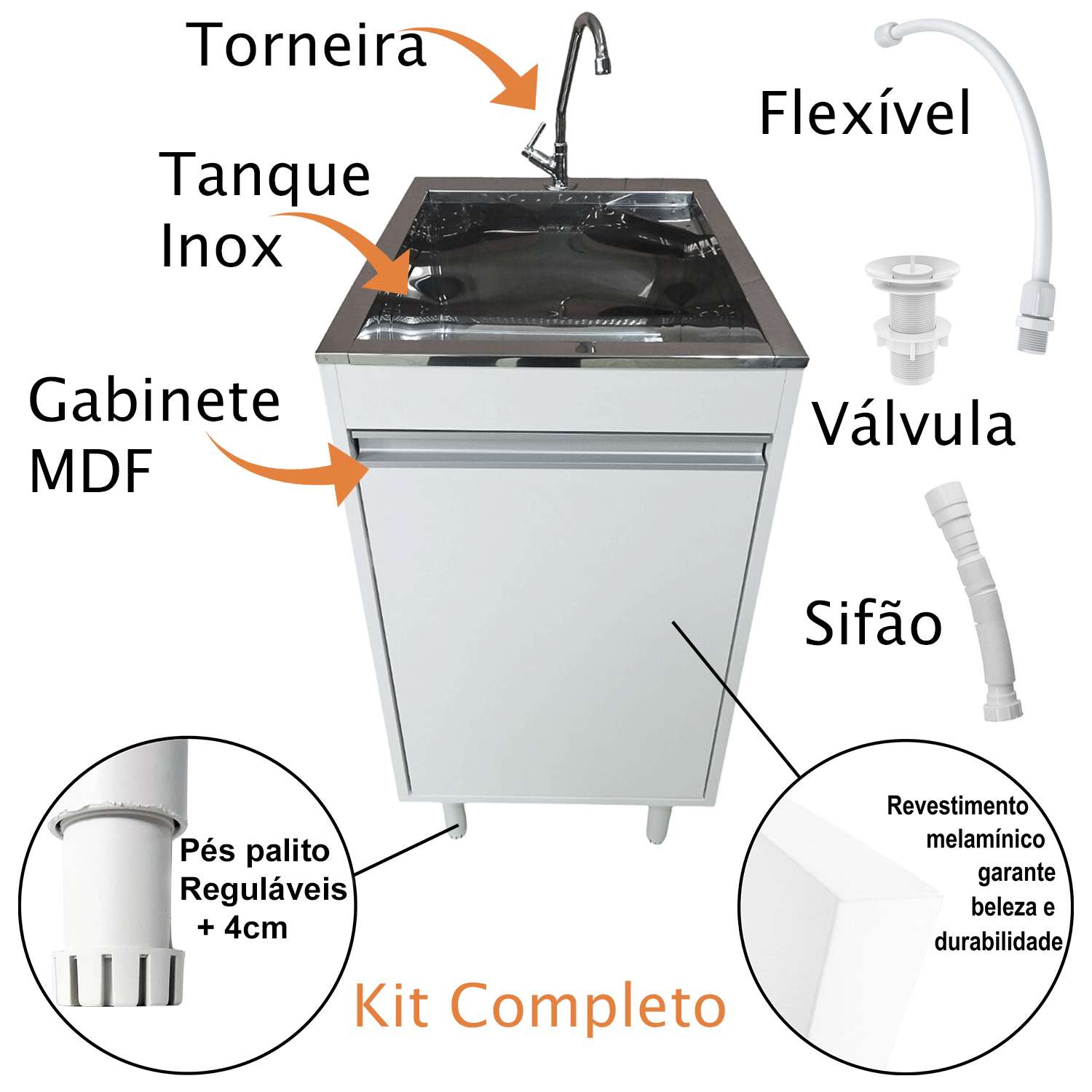 Tanque de Inox 30l com Torneira de Bancada Gabinete Mdf 44cm - 4