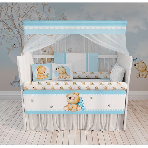 Kit Berço Enxoval de Bebê Urso Jardim Flores Azul