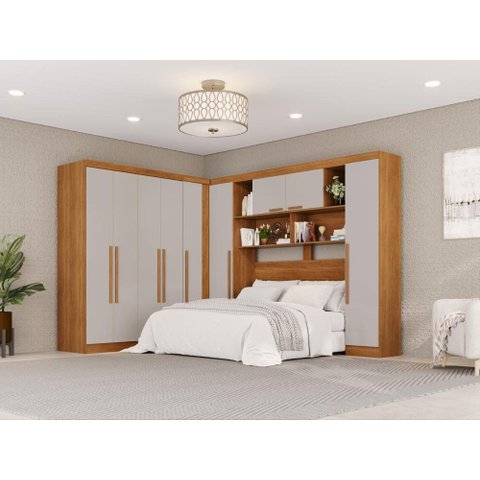 Guarda-Roupa Casal Modulado de Canto 9 Portas 2 Gavetas Multimóveis Cinamomo/Off White