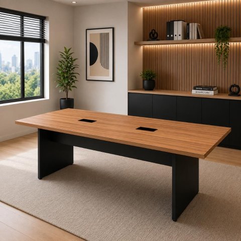 Mesa Reunião Escritório 2,50m x 90cm com 2 Caixas de Tomadas 100% MDF Cor:Nogal com Preto