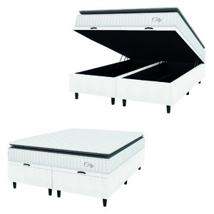 Cama Box Colchão Baú Casal Queen Molas Ensacadas City Pillow Top 158x198x64cm Linho Branco / Preto