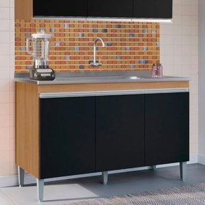 Balcão Manu com Pia e Cuba Ghelplus 120cm Amêndoa Preto Ajl Móveis