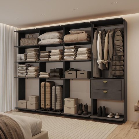Guarda-Roupas Closet Modulado Alasca One 240cm 4 Peças com 2 Gavetas e Cabideiros Preto Touch