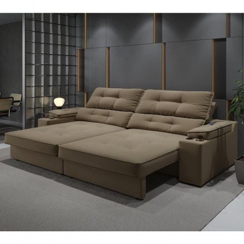 Sofá Santiago 4 Lugares Retrátil Reclinável 230cm Bege Suede