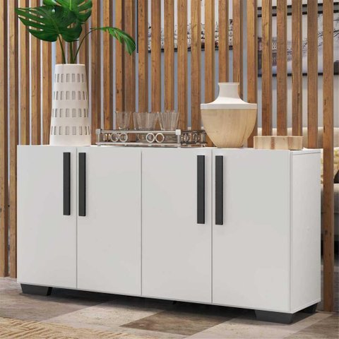 Aparador Buffet 4 Portas com Pés Quadrados Viena Multimóveis Branco/preto