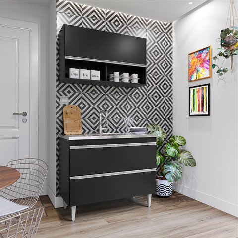 Conjunto Balcão de Cozinha Armário Aéreo Wollo Mdp/bp Preto G96 - Gran Belo