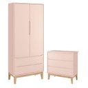 Ver imagem 1 de Guarda Roupa Infantil 2 Portas e Cômoda Gaveteiro New Classic Rosa com Pés Madeira Natural – Reller