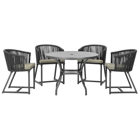 Mesa com 4 Cadeiras de Jantar Roma 100cm e Noronha em Aluminío Preto Corda Nautica Estofado 8 Trama
