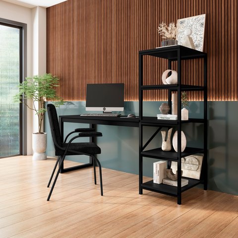 Escrivaninha Mesa Escritório com Estante Innovare 4 Prateleiras 170cm Industrial Preto