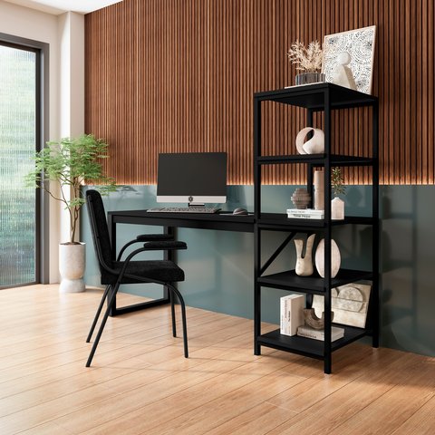 Escrivaninha Mesa Escritório com Estante Innovare 4 Prateleiras 170cm Industrial Preto
