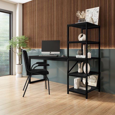 Escrivaninha Mesa Escritório com Estante Innovare 4 Prateleiras 170cm Industrial Preto