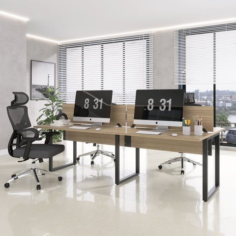 Plataforma Dupla Escrivaninha Tub Corporativa Light 4 Lugares 220cm Industrial Noce Naturalle e Preto Marromle