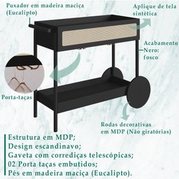 Carrinho Bar Porta Taças 112 Cm Pes Madeira Oslo 27964 Nero Artesano - 3