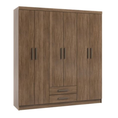 Guarda-roupa Casal 6 Portas 2 Gavetas Mdp Amêndoa com Cabideiro e Prateleiras Corrediça Telescópica