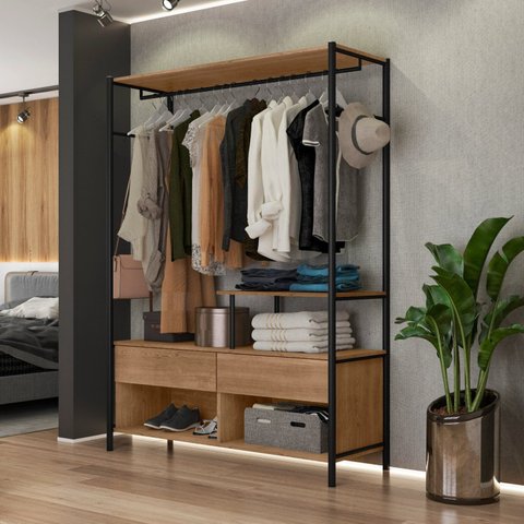 Guarda-Roupa Closet Industrial para Casal de Ferro 2 Gavetas 5 Prateleiras Barcelona Marrom/Preto/Demolição