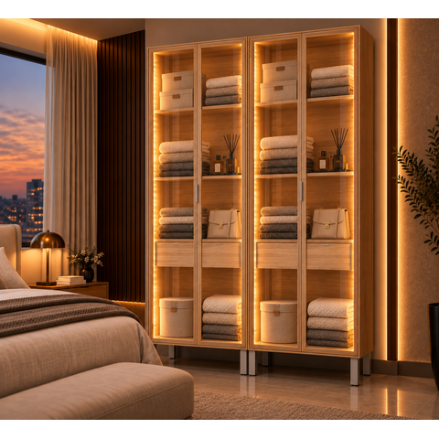 Cristaleira Intenza com 4 Portas Vidro Gaveta e LED Interno Roupeiro Closet Modulado Vidro:Freijo