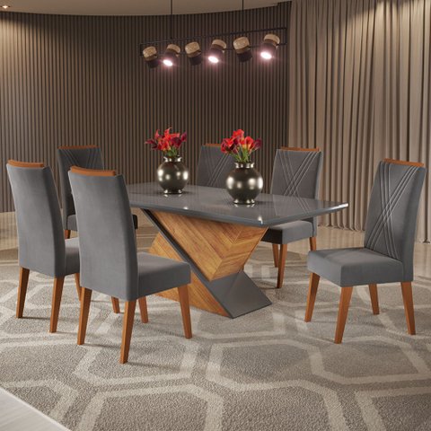 Mesa de Jantar 6 Lugares Hanói com Vidro Mel/cinza/grafite - Panorama Móveis