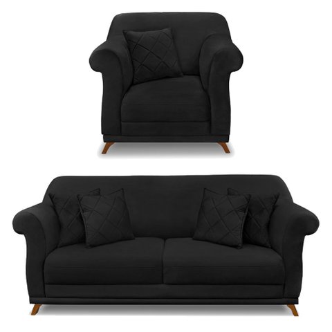 Kit Poltrona e Sofá Living 2 Lugares 1,60m Vênus Suede Pés Castanho - Pallazio - Preto
