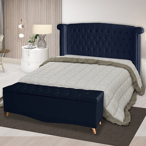 Kit Cabeceira de Cama Box e Calçadeira Baú Malibu King 195 Cm Suede Azul Marinho Eli Móveis