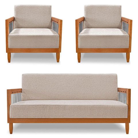 Kit 2 Poltronas e Sofá Living 2 Lugares Marilia 1,60m Linho Areia Base em Madeira Castanho -