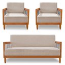 Ver imagem 1 de Kit 2 Poltronas e Sofá Living 2 Lugares Marilia 1,60m Linho Areia Base em Madeira Castanho -