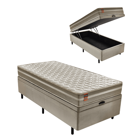 Cama Box Bau com Colchão Solteiro Americano Molas Max Force Pérola Bege 96x203 Fortezza Colchões