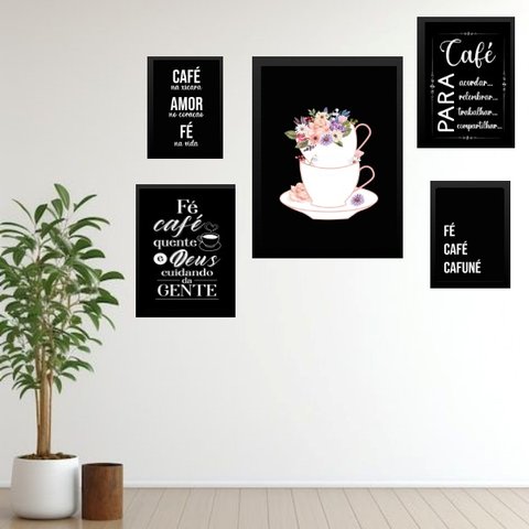 Composição 5 Quadros Café com Fé:madeira Preta