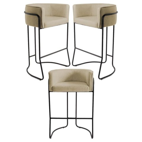 3 Banquetas Base Aço Preto Betina C-129 Linho Creme Domi