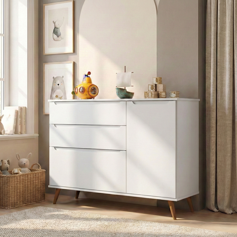 Cômoda Infantil 100% MDF com 3 Gavetas e 1 Porta Retrô Melinda Branca