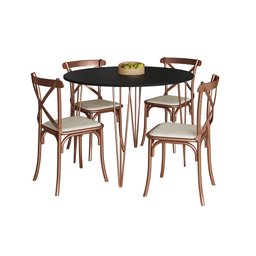 Mesa com 4 Cadeiras Katrina Cobre Elen Hairpin 110cm Jantar Preta Base Cobre - 2
