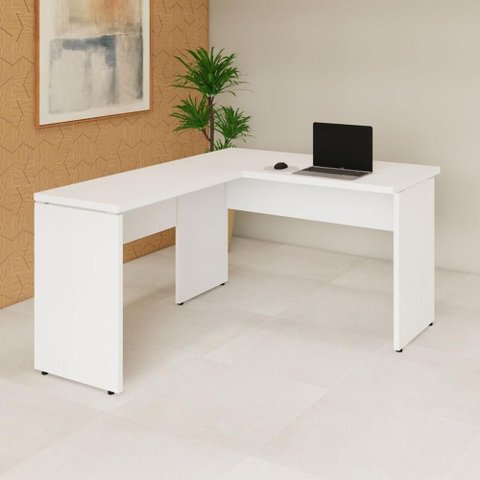 Escrivaninha em L F5 Office Moderno MDP 135cm Branco com Mesa Auxiliar 90cm F5 Office