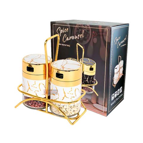 Porta Condimento Redondo C/ 2 Frascos, Organizador de Cozinha Dourado - Cor Ouro Efeito de Mármore L