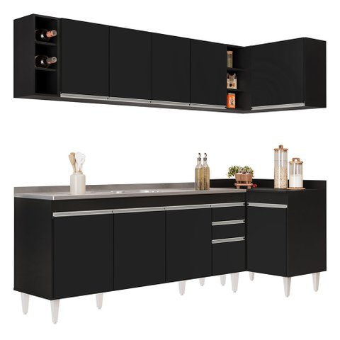 Armário de Cozinha Modulado de Canto Esquerdo 5 Peças Cp54 com Pia Inox Preto - Lumil Lumil Móveis