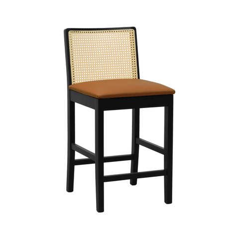 Banqueta Média Pérola Madeira Maciça com Telinha c/ 62cm Altura - Preto Assento Estofado Corano Cara