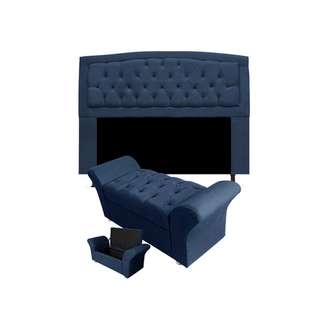 Conjunto Cabeceira Geovana e Recamier Veneza Baú King 195 Cm Suede Azul Marinho - Incasa Decor