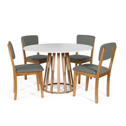 Mesa de Jantar Redonda Gabi Bran/jade com 4 Cadeiras Estofadas Ella Cinza