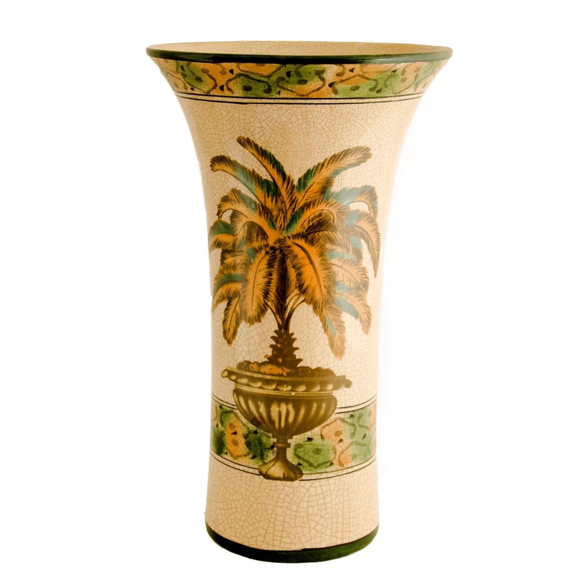 Vaso em cerâmica Craquelê, fundo claro com pintura de palmeira de folhas amarelas e verdes - 1